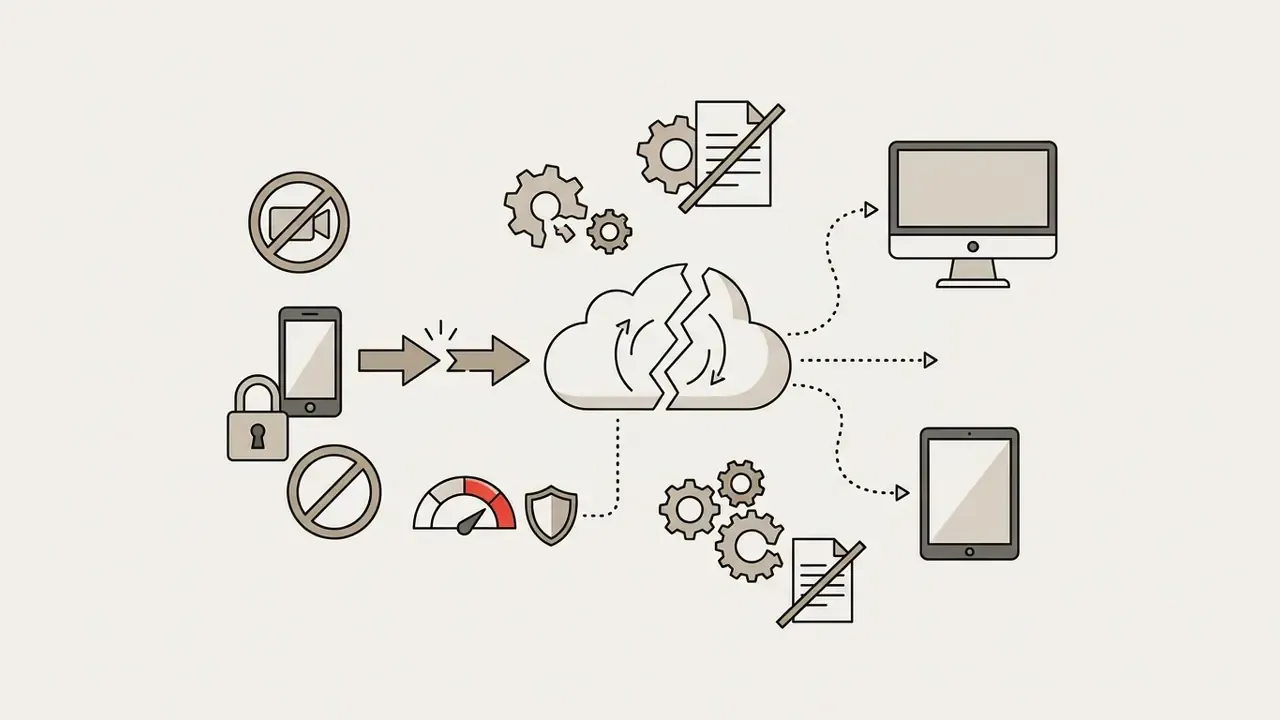 Broken cloud icon representing connectivity failure between mobile devices and desktop or tablet hardware