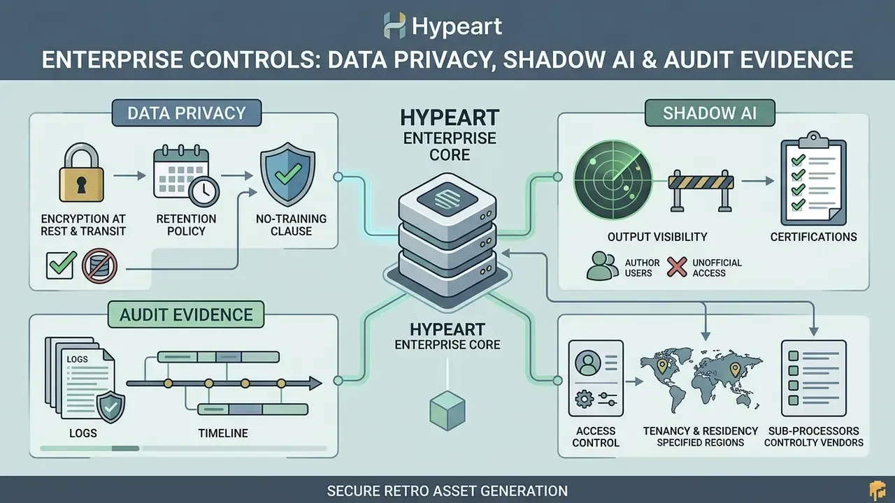 Diagram showing enterprise data privacy, shadow AI management, and audit evidence for an AI pixel art generator