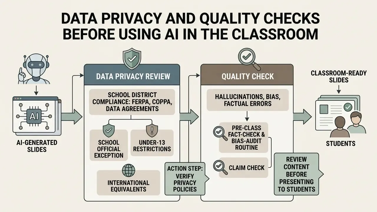 Steps for reviewing AI generated slides for data privacy and content accuracy before classroom use
