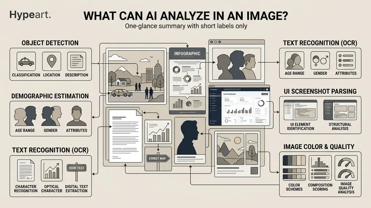 Infographic showing various capabilities of an AI image analyzer including object and text recognition