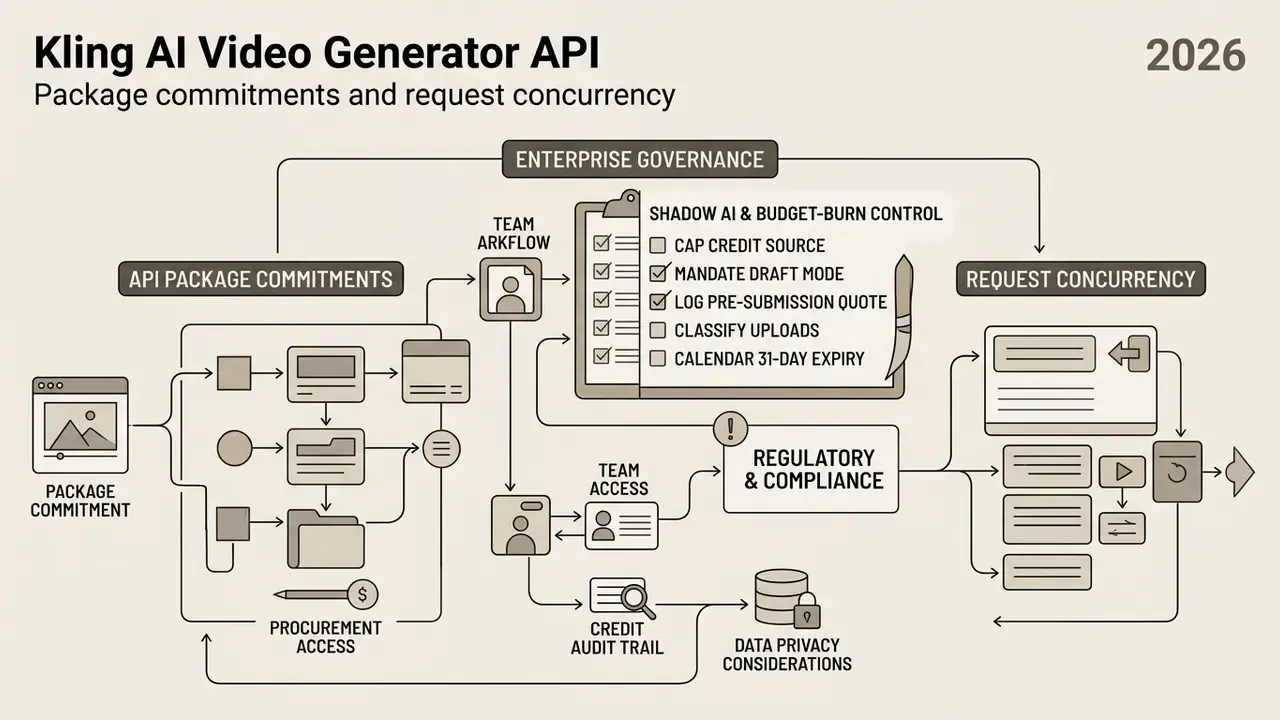 Flowchart outlining Kling AI video generator governance, team access, and credit audit procedures