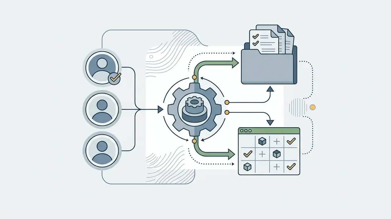 User profiles feeding into a gear system that populates a folder and a grid of approved items