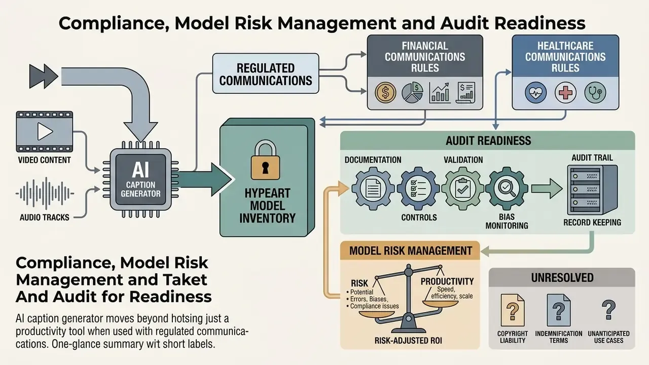 Flowchart showing regulated content processing, model inventory, audit readiness steps, and risk balancing