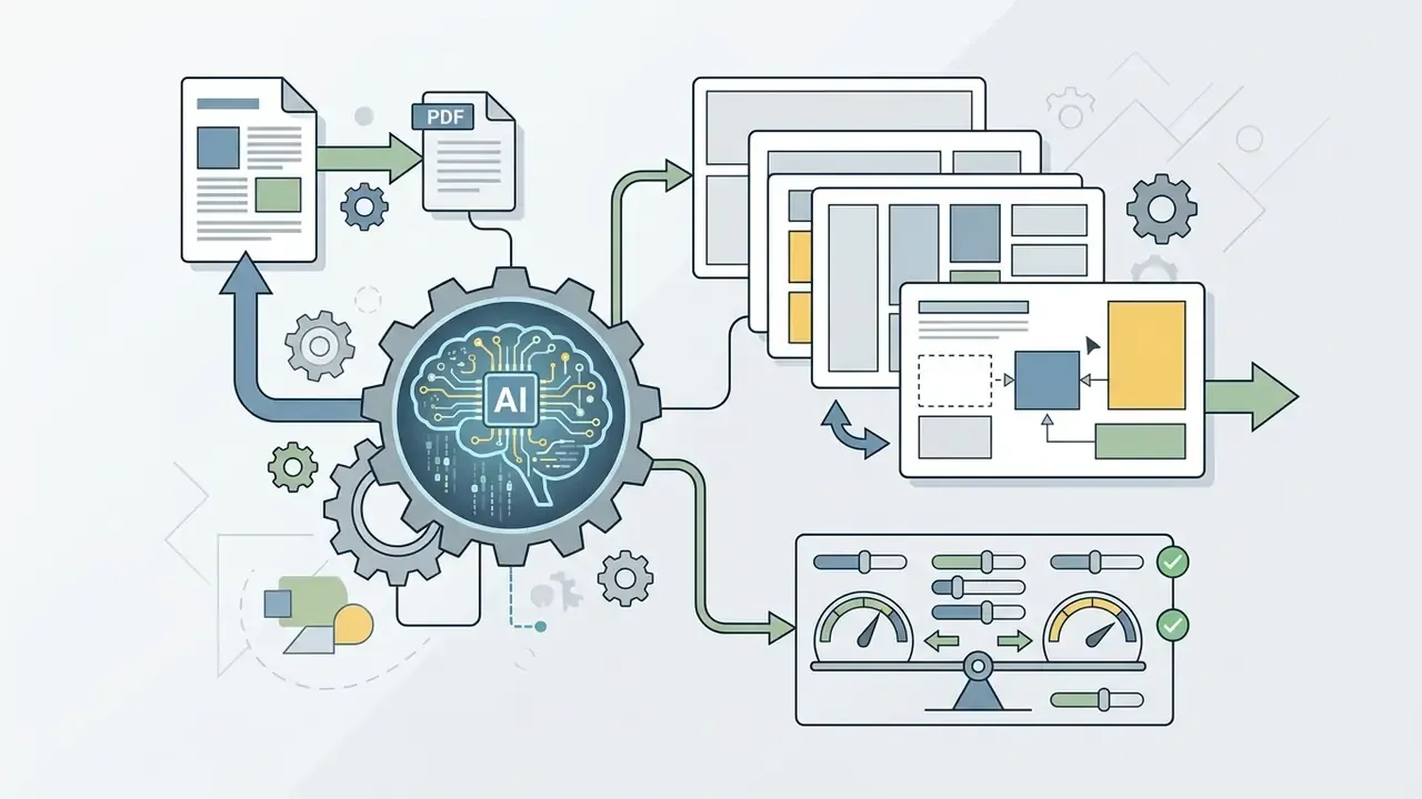 Central AI brain gear processing document inputs into varied slide layouts and balance control settings