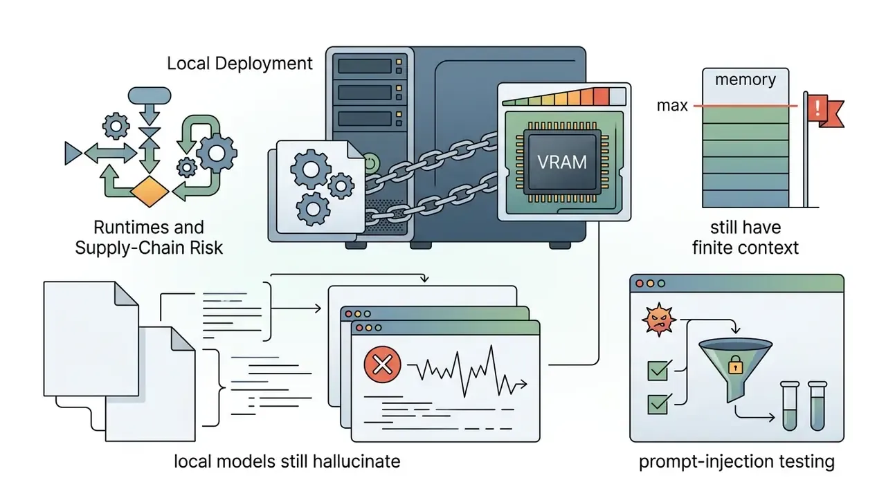 Computer tower with VRAM chip, memory limit gauge, document processing, and security testing icons