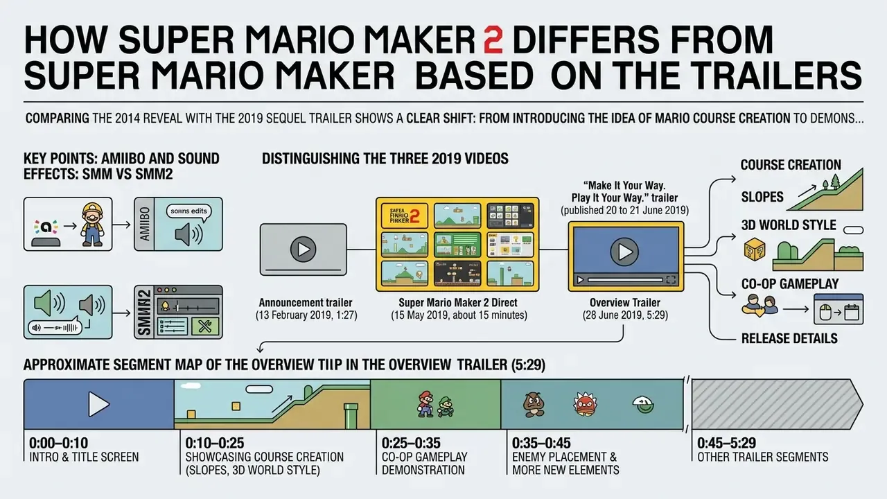 Infographic comparing Super Mario Maker 2 trailers through flowcharts and a video segment timeline