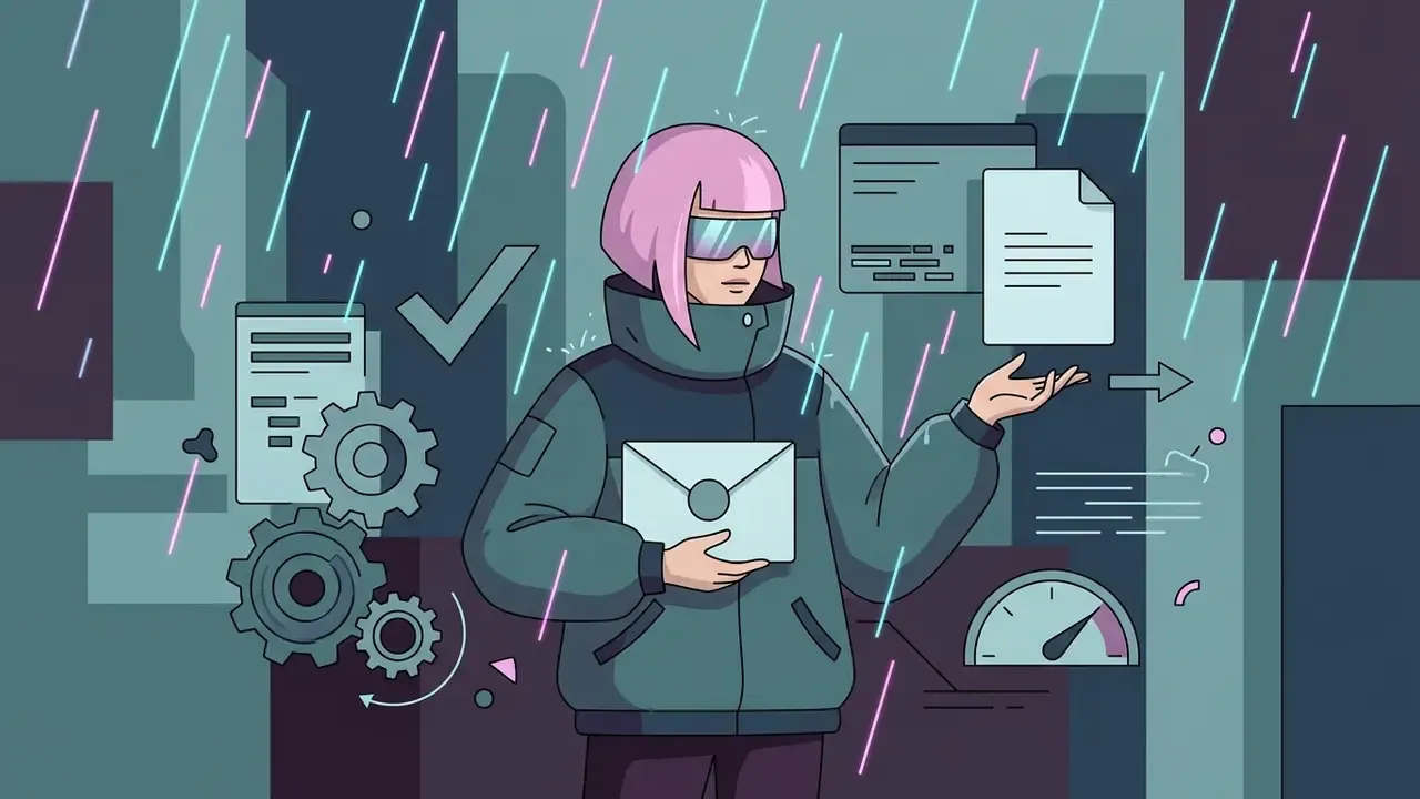 Pink haired courier in a cyberpunk jacket standing in neon rain with digital documents and gear icons