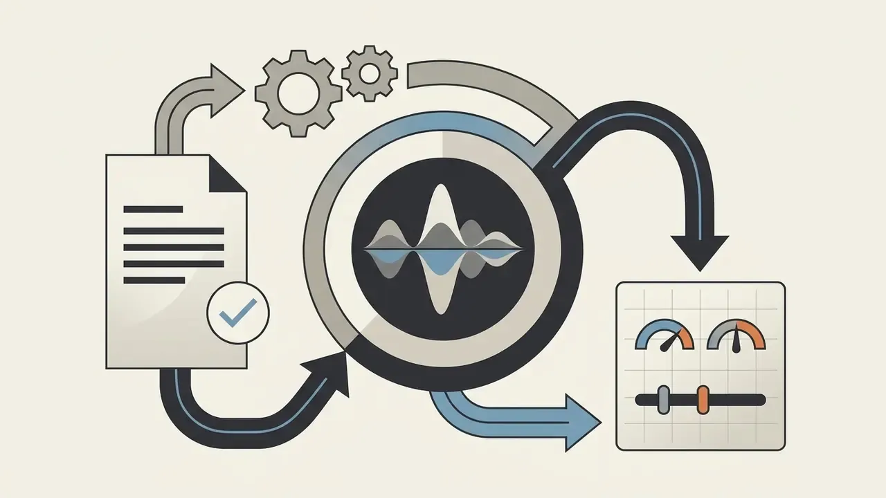 Document with a checkmark feeding into a central audio waveform icon and a control panel with sliders