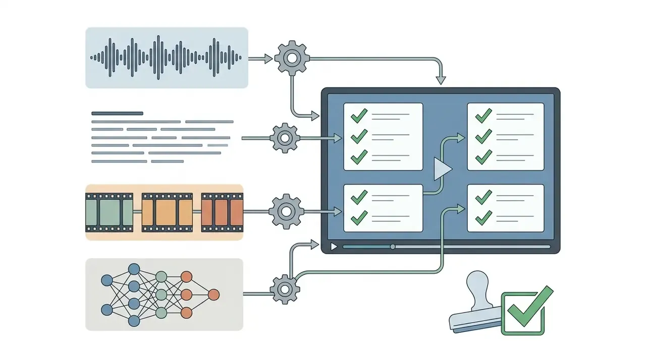 Media inputs processing through gears into a digital dashboard with approved checklists and a rubber stamp