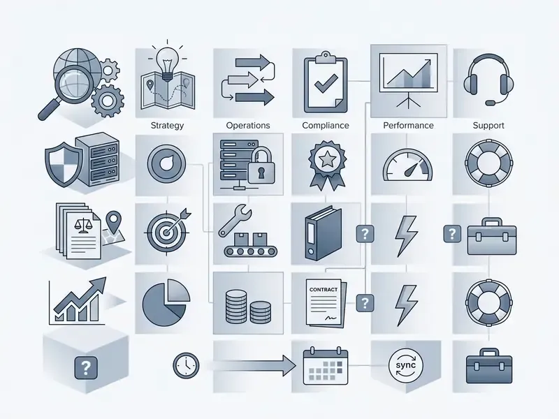 Grid of icons representing business functions like strategy, operations, compliance, and support