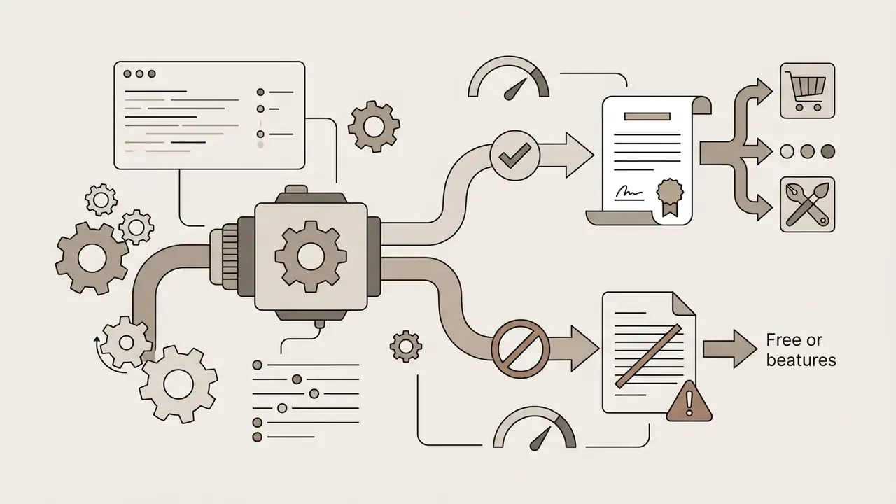 Central gear mechanism splitting paths toward commercial license documents or restricted usage icons