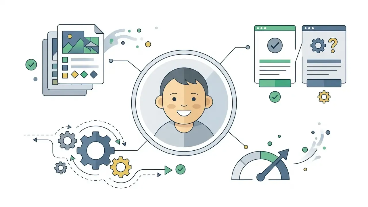 Portrait of a child connected to document icons, processing gears, status boxes, and a speedometer gauge