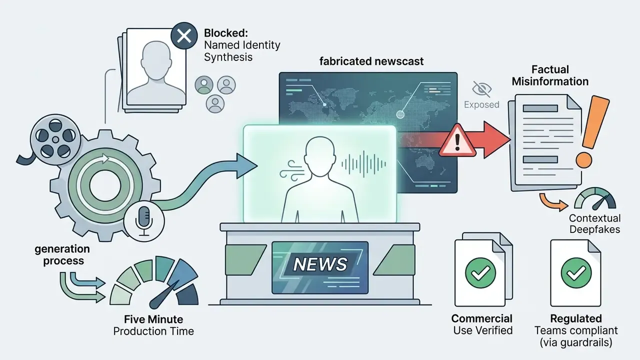 Gears and production icons showing how synthetic newscasts bypass identity blocks to create misinformation