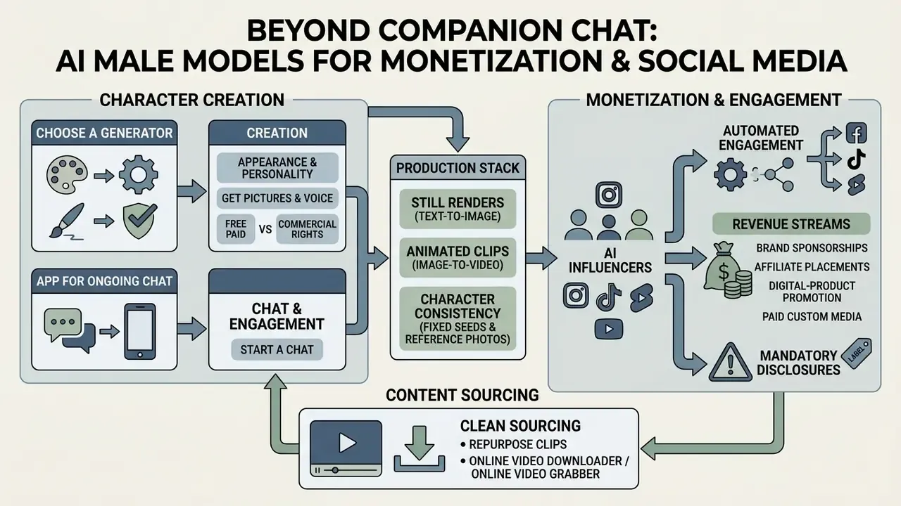 Process map showing how to create and monetize virtual male influencers through automated social media