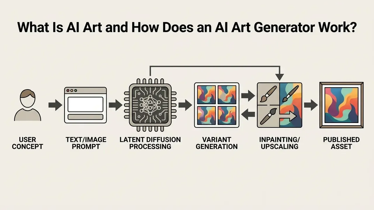 Flowchart showing the steps to generate AI art from a user concept to a final published asset