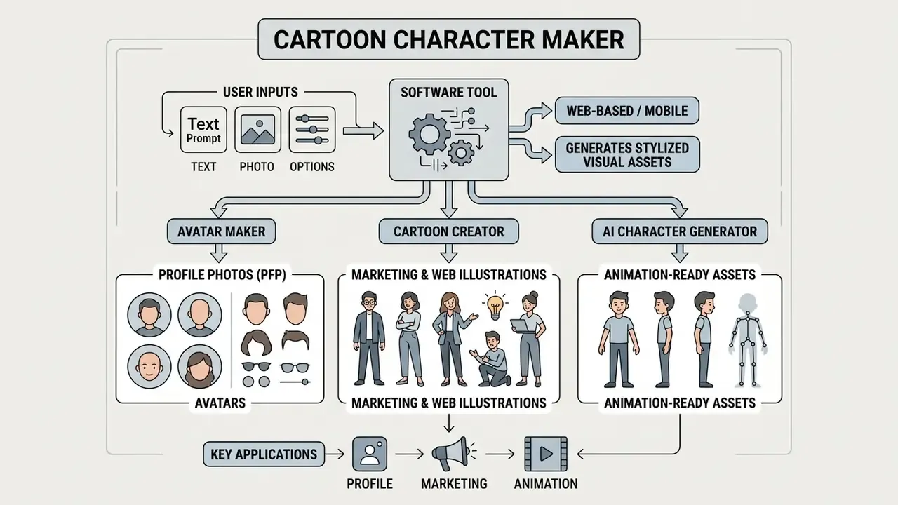 Flowchart showing how software processes user inputs into avatars, marketing illustrations, and animations