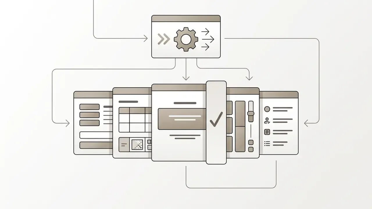 Central gear icon processing inputs into a series of UI layouts with form fields and navigation menus