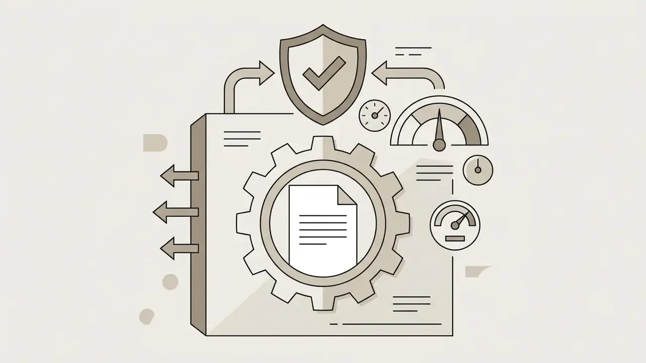 Gear mechanism surrounding a document icon with a shield and gauges representing data processing metrics