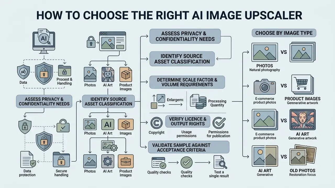 Decision flowchart for selecting an AI image upscaler based on privacy, asset type, and quality requirements
