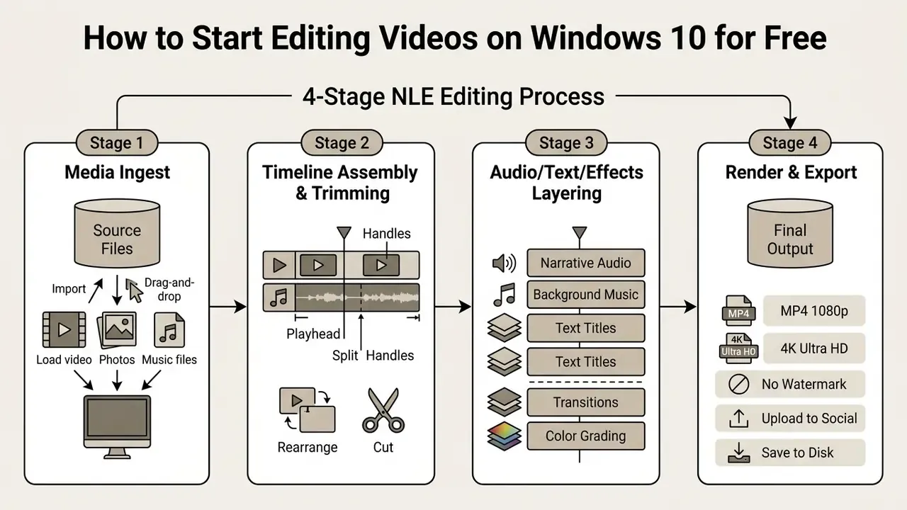 Four-stage workflow showing media ingest, timeline assembly, layering effects, and final video export