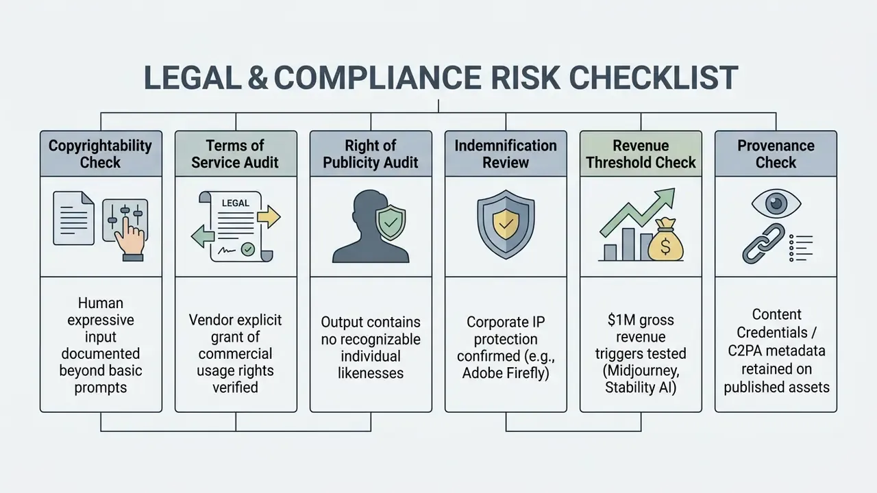 Structured checklist for assessing legal and compliance risks in AI image generation workflows