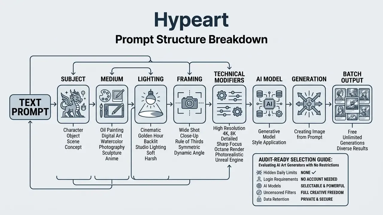 Flowchart illustrating the sequential components of a text prompt for generating AI images
