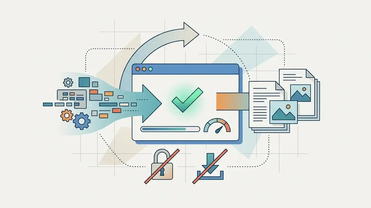 Browser window showing data processing into files with icons for no registration and no download