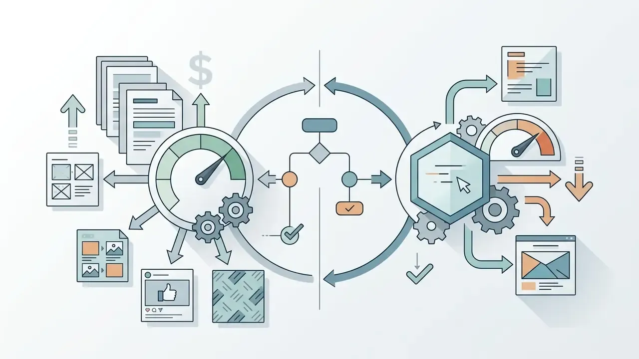 Documents and speed gauges connecting to gears and decision paths that lead to social media and web assets