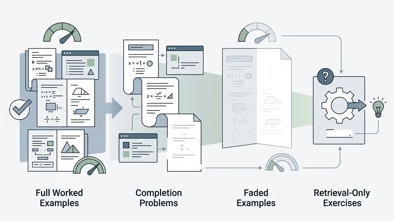 Scaffolding process showing academic documents transitioning from worked examples to retrieval exercises