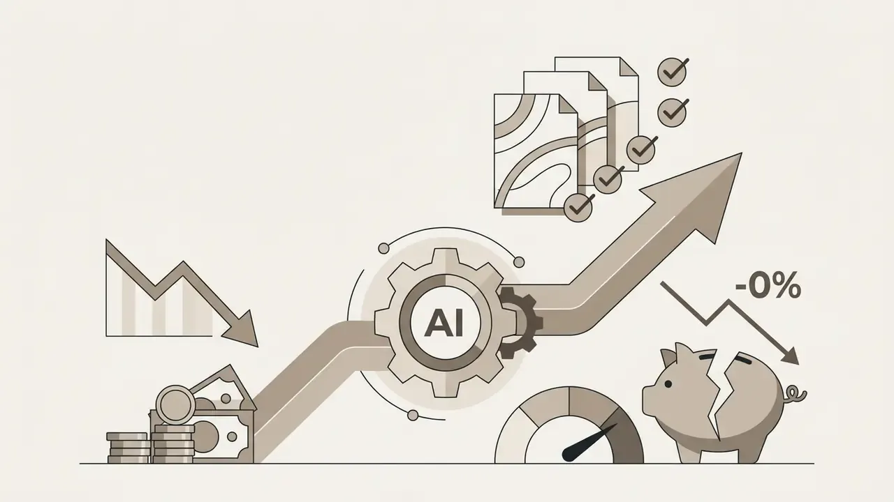 An AI gear icon driving an upward arrow past stacked documents, a speedometer, and a broken piggy bank