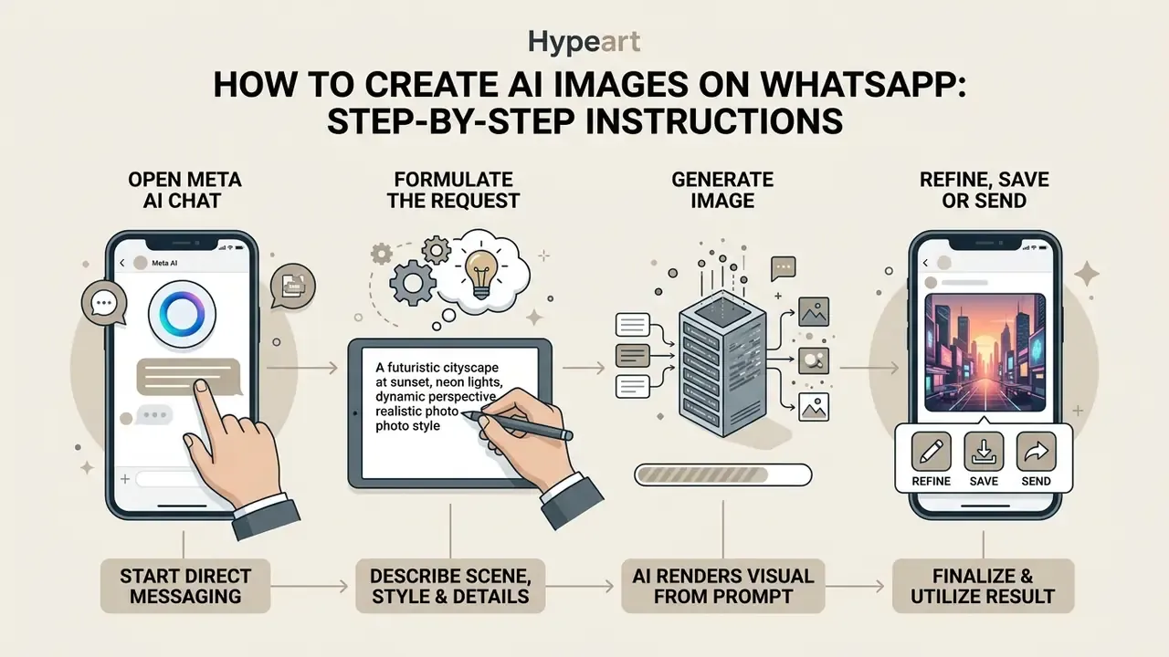Step-by-step process for generating AI images on WhatsApp using text prompts and messaging tools