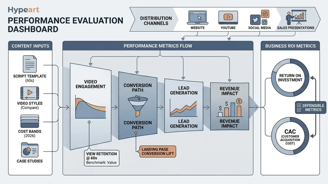 Flowchart tracking content inputs through engagement and conversion stages to calculate business ROI and CAC