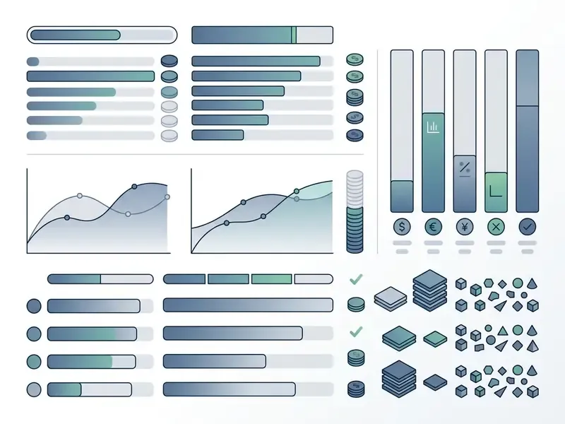 Dashboard featuring progress bars, line graphs, currency icons, and stacked geometric data blocks