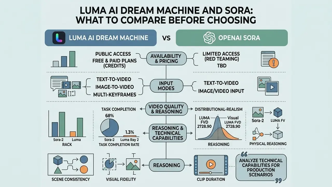 Comparison chart evaluating Luma AI Dream Machine and OpenAI Sora across technical and functional metrics