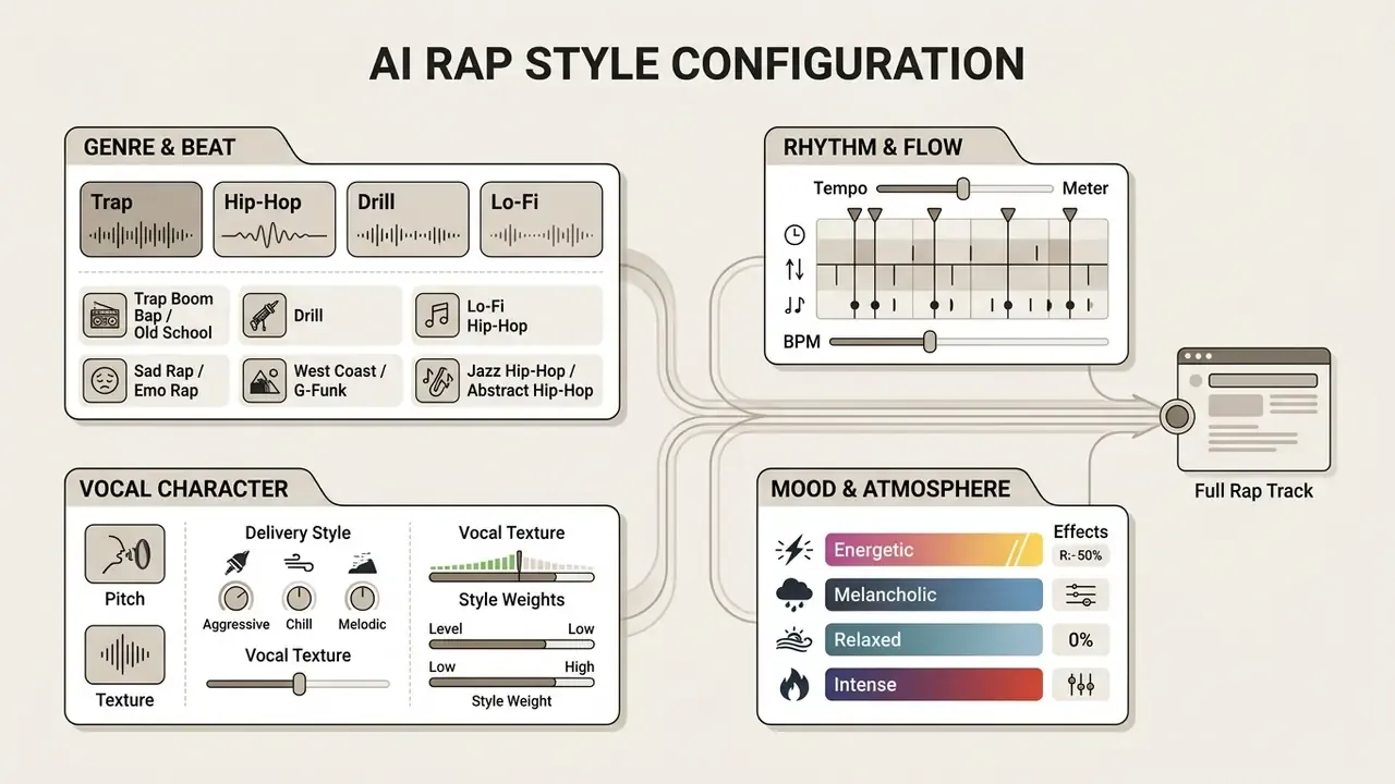 Four parameter boxes for genre, rhythm, vocal character, and mood converging into a final track output