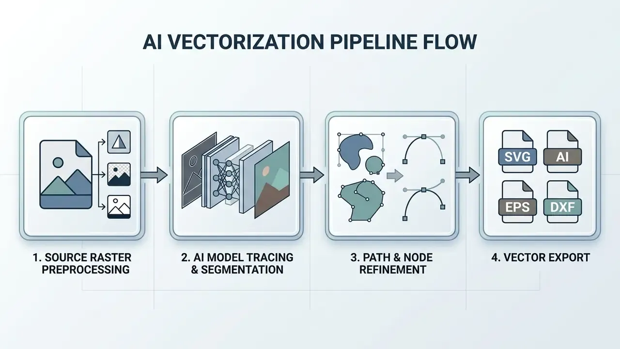 Four-stage workflow showing how to convert an image to vector using AI tracing and path refinement