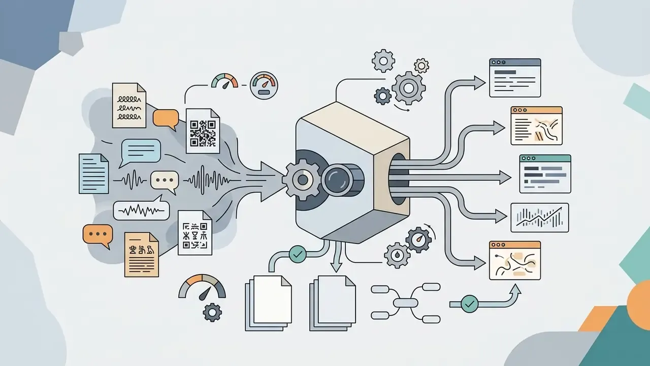 Multilingual text and audio inputs converging into a processing unit to generate diverse output formats