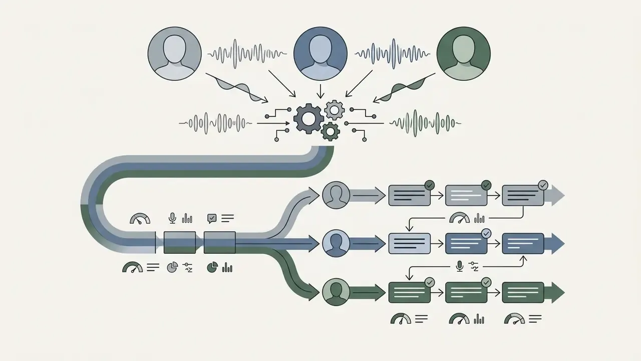 Three speakers with audio waves feeding a processor that maps individual voices to distinct text streams