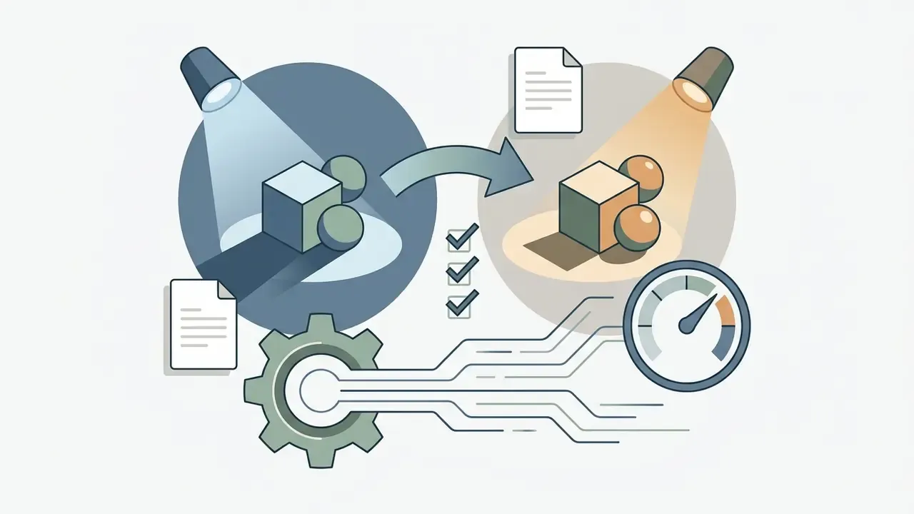 Spotlight shifting light color and direction on geometric shapes with a gear and performance gauge