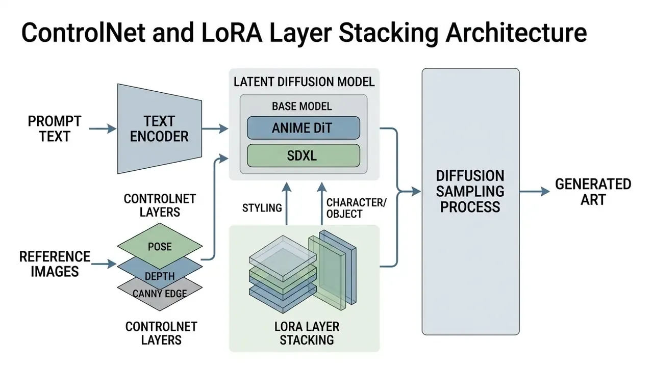 Diagram showing how text prompts, reference images, and LoRA layers integrate into a diffusion model pipeline