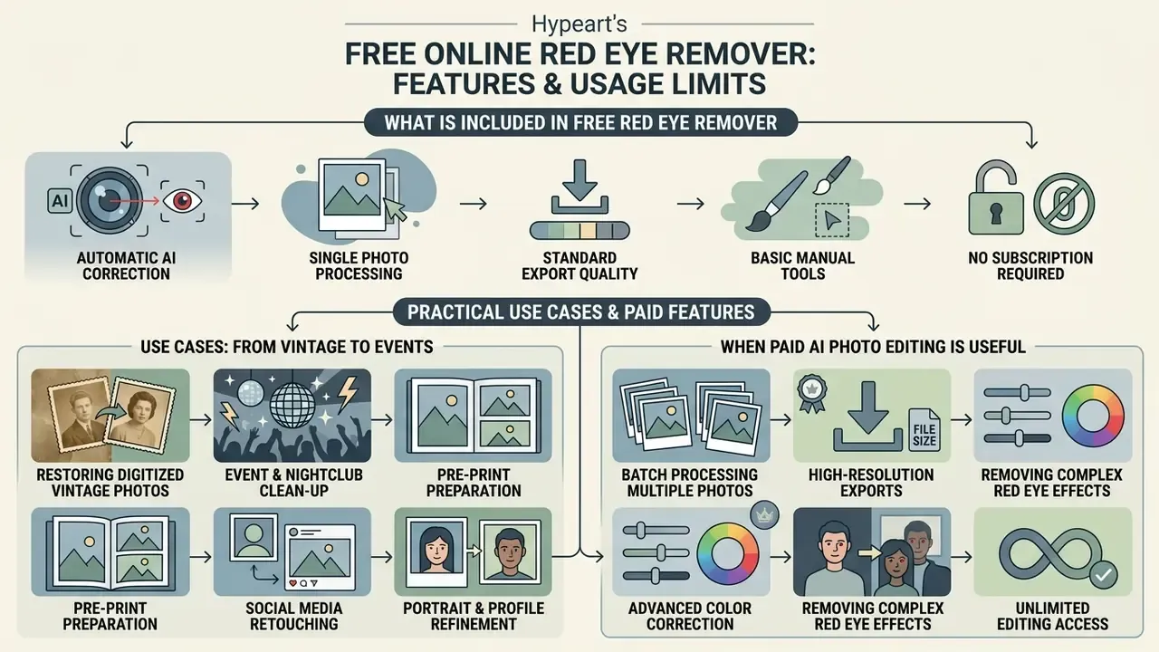 Infographic comparing free photo correction features with paid professional editing use cases