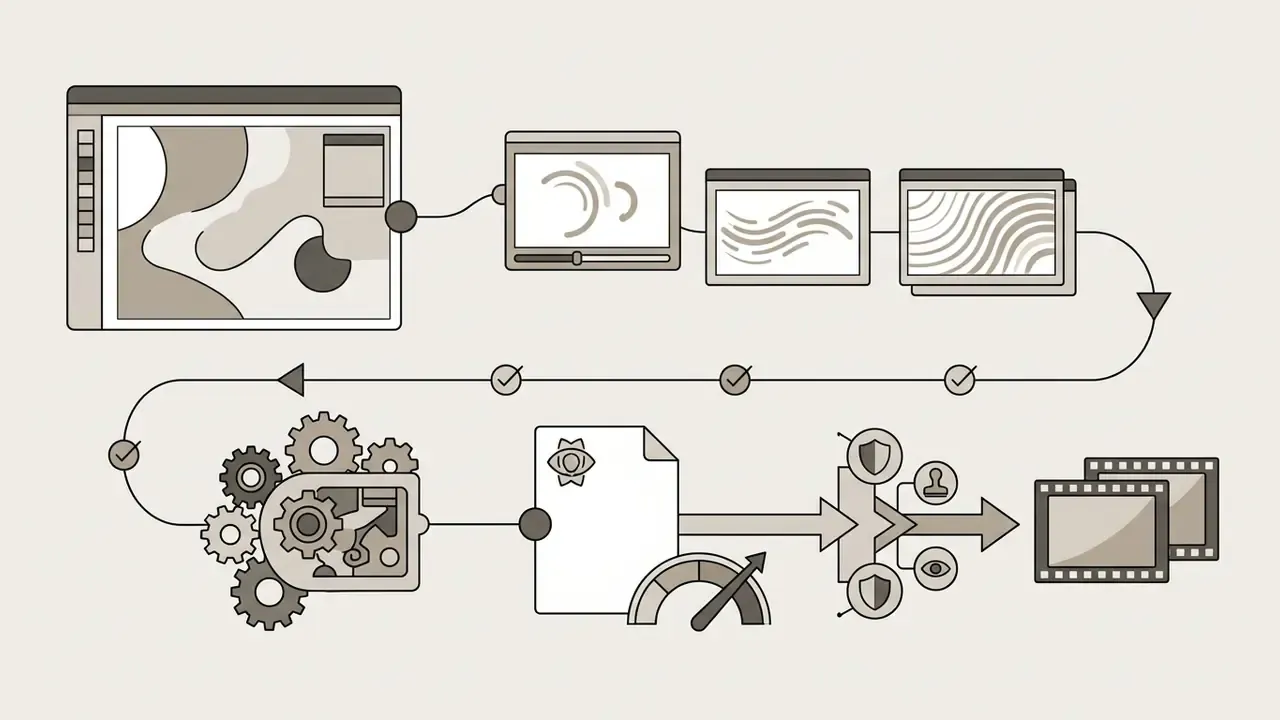 Digital canvas feeding motion frames through gears into a document with security icons and film strips
