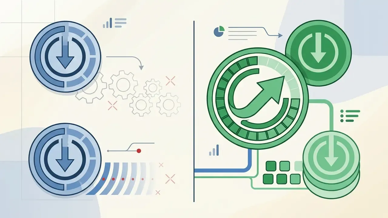 Blue circles with downward arrows and green circles with upward arrows representing credit usage flows