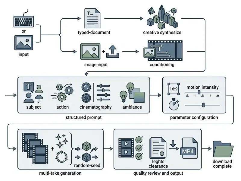 Process diagram showing text or image input converted into structured prompts and final video exports