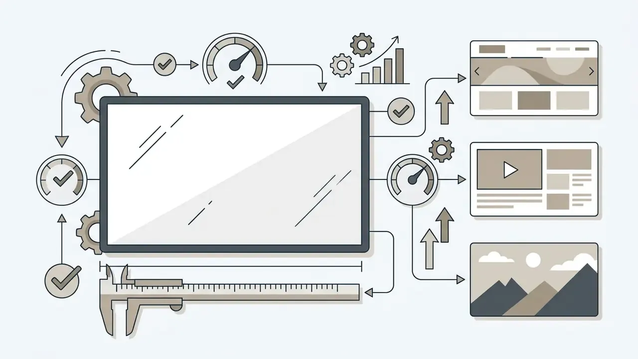 Wide screen frame with measuring calipers and gauges directing output to landscape web and video formats