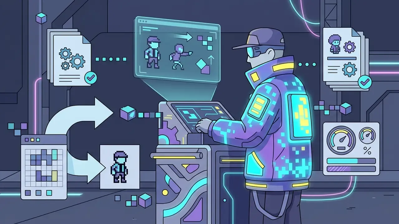 Cyberpunk vendor in a glowing jacket interacting with a digital console displaying character sprites