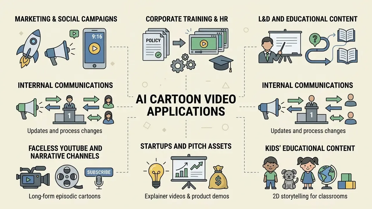 Infographic showing various business and educational use cases for automated animation tools