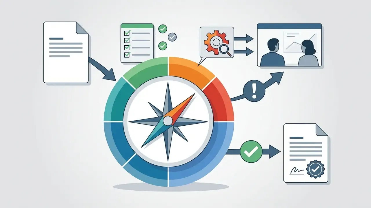 Compass icon surrounded by arrows directing document inputs toward human review or verified output paths