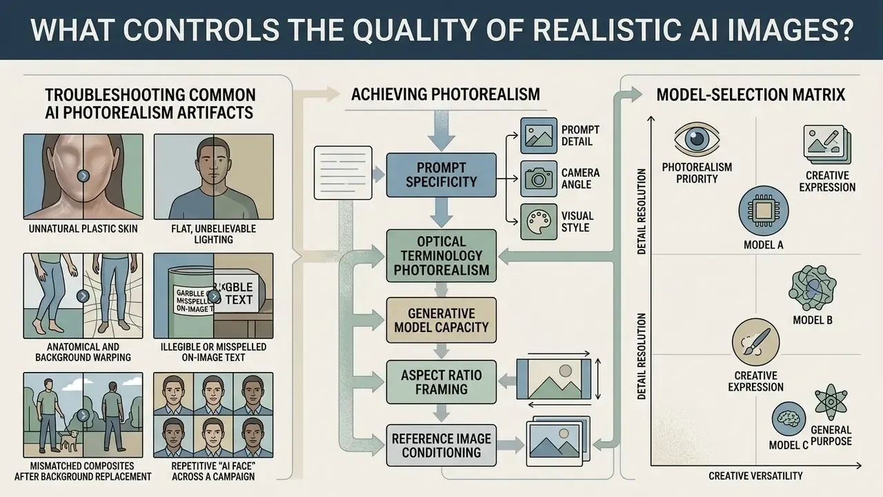Infographic comparing common photorealism artifacts with a technical workflow and model selection matrix