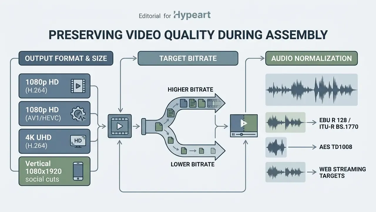 Flowchart outlining video output formats, target bitrate adjustments, and audio normalization standards